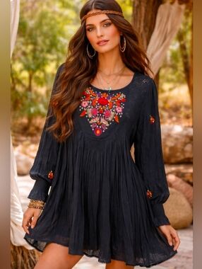 Free People Black Bohemian Floral Embroidery Dress Cinch Wrists Medium